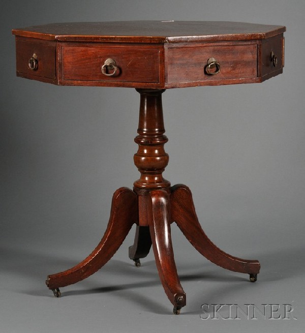English Mahogany Octagonal Occasional Table, 19th : English Mahogany Octagonal Occasional Table, 19th century, fitted with two working drawers and sham drawers above a turned stem, on four hipped and splayed legs on casters, ht. 27, wd. 25 1/2 in.