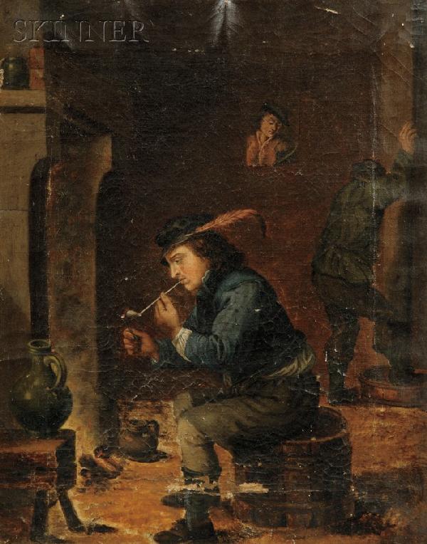 Dutch School, 17th Century Style Interior with a M: Dutch School, 17th Century Style Interior with a Man Lighting His Pipe Unsigned. Oil on canvas, 12 x 9 1/2 in., framed. Condition: Paint losses, canvas deformation, craquelure, surface grime.