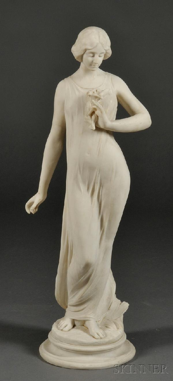 Large Carved Alabaster Figure of a Nymph, late 19t: Large Carved Alabaster Figure of a Nymph, late 19th century, the standing figure in diaphanous dress, holding a lily stem on a round base, ht. 36 in.