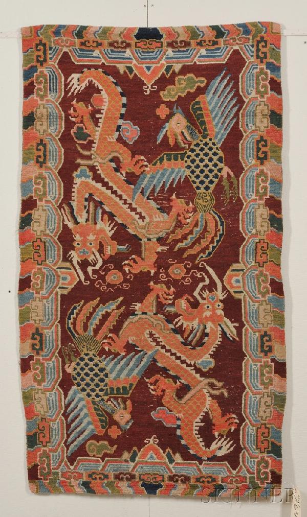 Tibetan Rug, Central Asia, early to mid-20th centu: Tibetan Rug, Central Asia, early to mid-20th century, (minor moth damage), 5 ft. 6 in. x 3 ft. 2 in.