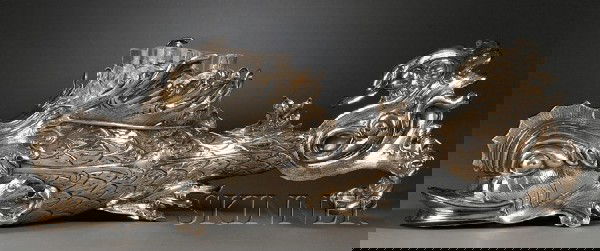 Modern Faberge Sterling Fish-form Drink Server, la: Modern Faberge Sterling Fish-form Drink Server, late 20th century, formed as a stylized dolphin fish with rocaille fins, set to back with teardrop-shaped inset fitted with three colorless glass shot g