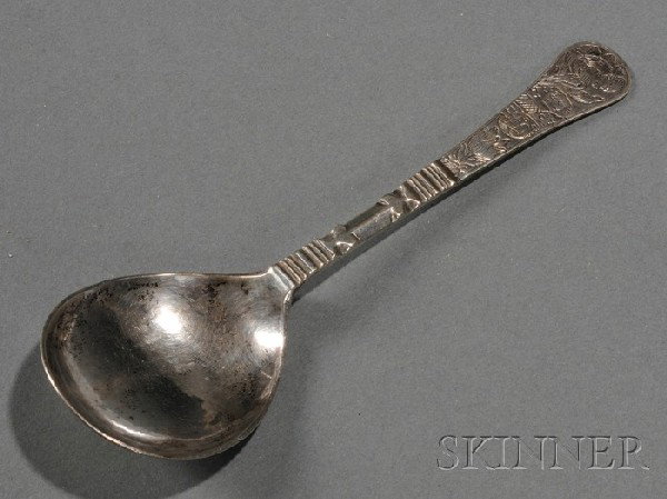 Scandinavian Silver Spoon, likely Denmark, Andreas: Scandinavian Silver Spoon, likely Denmark, Andreas Svege, maker, 18th century, with teardrop-shaped bowl, the stem with carved central section, ending in engraving of a house within a roundel encircle
