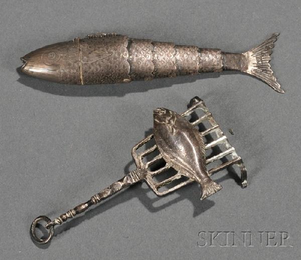 Two Whimsical European Silver Articles, an English: Two Whimsical European Silver Articles, an English fish-form vinaigrette, Birmingham, 1817-18, Lea & Clark makers, articulated body decorated with scalework, lg. 3 1/2, and a miniature depicting a fis