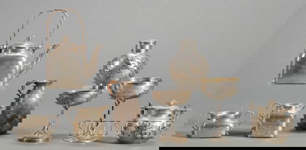 Eight Pieces of Chinese Silver Tableware, late 19t: Eight Pieces of Chinese Silver Tableware, late 19th/early 20th century, a three-piece tet?-a-tet? tea set (teapot, creamer, and open sugar), the teapot marked Yeching, rounded square section with over