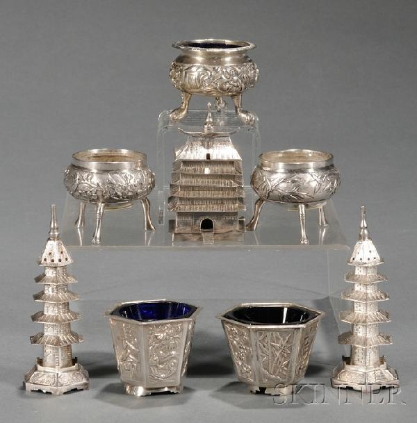 Eight Small Chinese Export Silver Spice Containers: Eight Small Chinese Export Silver Spice Containers, late 19th/early 20th century, a pair of tapered hexagonal open salts with cobalt glass liners, ht. 1; a pair of Wang Hing footed ovoid open salts wi