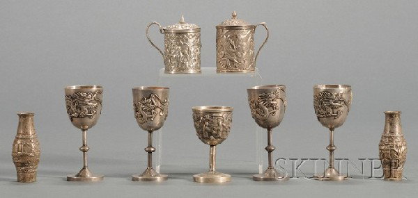 Nine Small Chinese Silver Items, late 19th/early 2: Nine Small Chinese Silver Items, late 19th/early 20th century, two small glass-lined mustard pots, one Wang Hing, the other marked KMS, two miniature baluster form bud vases, ht. 2 3/4, a set of four 