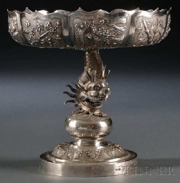 Chinese Export Silver Compote, Hong Kong, late 19t: Chinese Export Silver Compote, Hong Kong, late 19th/early 20th century, Wang Hing & Co., makers, bowl with double ogee rim, chased and embossed with panels enclosing dragon heads, figures, and branche
