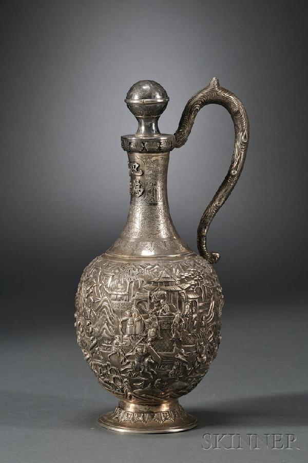 Chinese Export Silver Ewer, Hong Kong, late 19th/e: Chinese Export Silver Ewer, Hong Kong, late 19th/early 20th century, Wang Hing & Co., makers, baluster form, with crabstock loop handle, slender neck engraved with bands of bamboo and grapevine, appli
