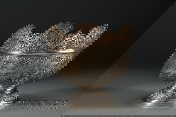 Chinese Export Silver Monteith-style Center Bowl,: Chinese Export Silver Monteith-style Center Bowl, Shanghai, late 19th/early 20th century, Luen Wo, maker, chased and embossed with a continuous scene of figures standing by and boating along a coastal