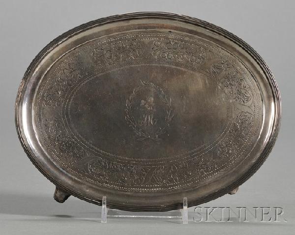 Irish George III Silver Card Salver, Dublin, 1805: Irish George III Silver Card Salver, Dublin, 1805, Robert Breading, maker, oval, engraved with central monogram, and ribbon-wrapped foliate border, with reeded rim, on tapered feet, wd. 8 1/2 in., app