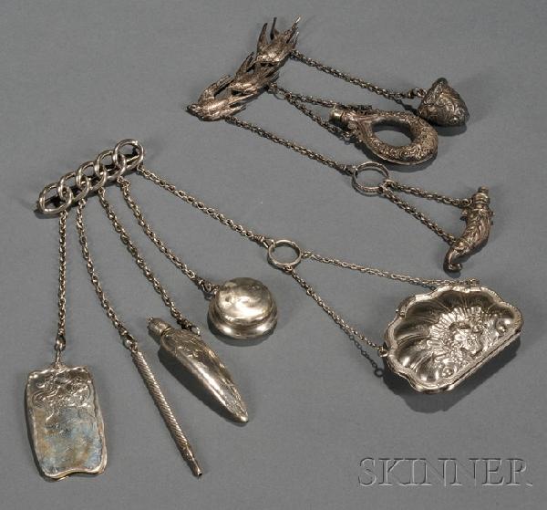 Two Silver and Silverplate Chatelaines, late 19th: Two Silver and Silverplate Chatelaines, late 19th-early 20th century, each formed as a bar pin suspending tools, one pin with three swallows in flight, suspending a silverplate ovoid scent flask, the