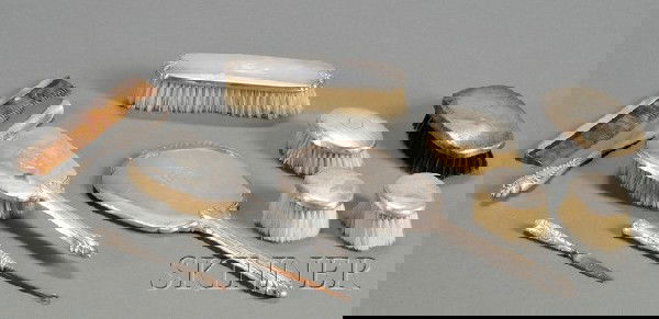 Group of Eleven Sterling Dresser Articles, early: Group of Eleven Sterling Dresser Articles, early 20th century, comprising a three piece Gorham set comprised of hand mirror (lg. 13), hair brush, and clothes brush, a pair of small oval Gorham clothes