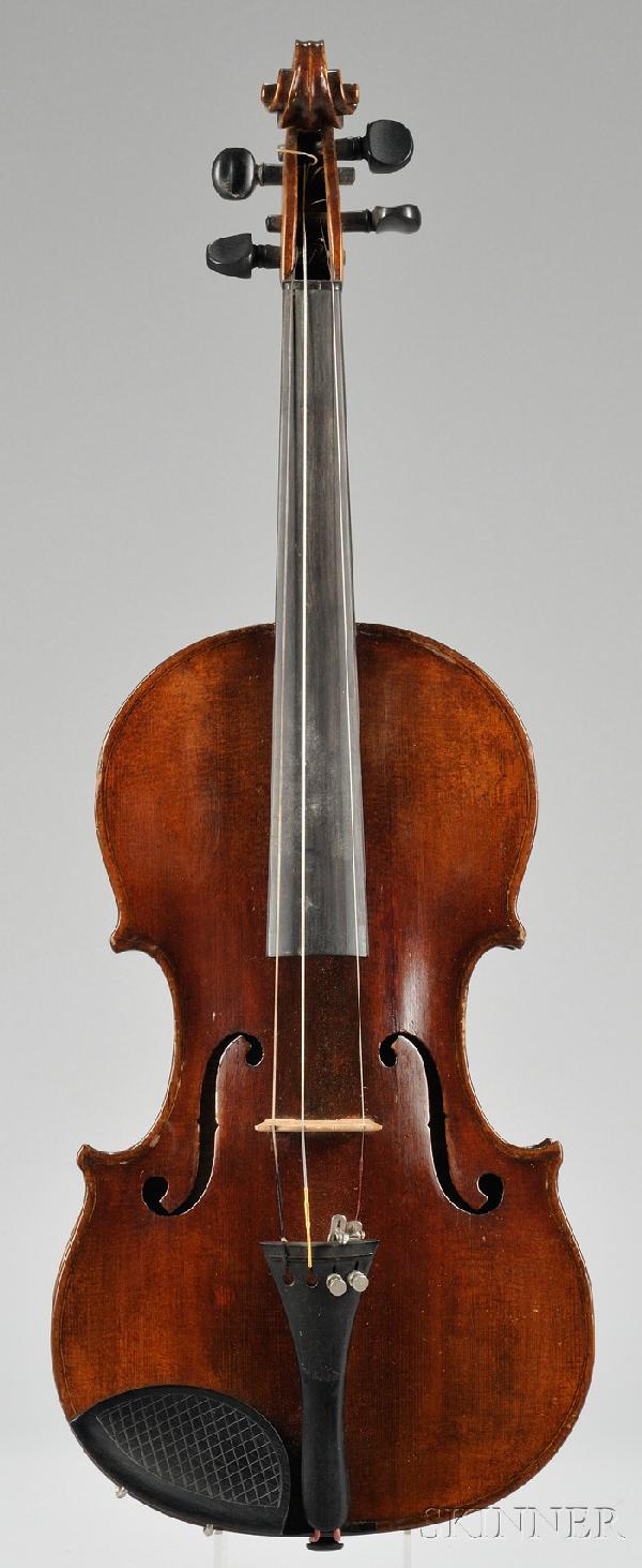 Modern Violin, c. 1920, labeled ...JOHANN ULRICH F: Modern Violin, c. 1920, labeled ...JOHANN ULRICH FICHTL..., length of back 358 mm, with case and bow.