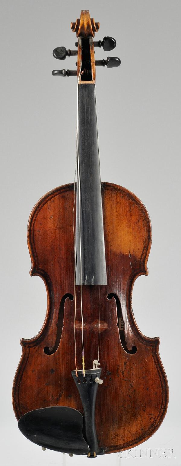 German Violin, c. 1880, unlabeled, bearing registr: German Violin, c. 1880, unlabeled, bearing registration number 5131, length of back 365 mm, with case.