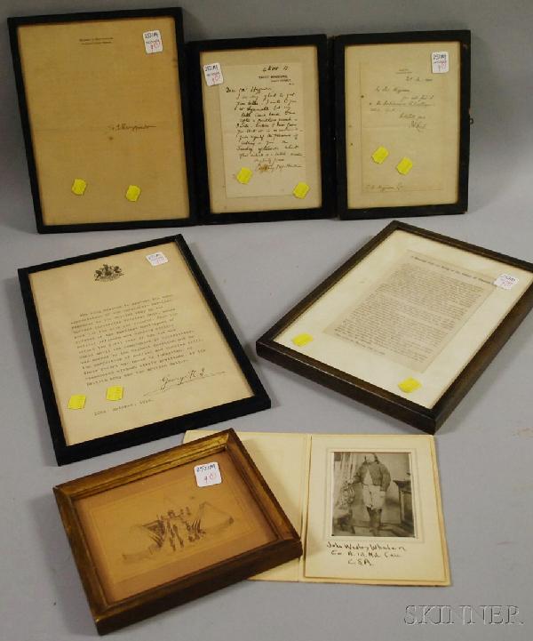 Lot of Framed Civil War Related and Other Paper Ephe: Lot of Framed Civil War Related and Other Paper Ephemera, including a sketch of an encampment, a vintage photograph depicting John Wesley Whalen, Co. A, 1st Maryland Cavalry C.S.A., a printed message
