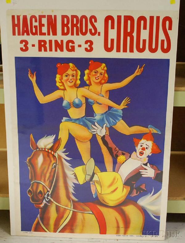 Hagen Bros. 3-Ring-3 Circus Lithograph Poster, Glob: Hagen Bros. 3-Ring-3 Circus Lithograph Poster, Globe Poster Co., Chicago, 41 x 28 in.