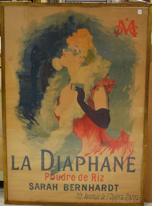 Framed Chaix Lithograph La Diaphane Poudre de Riz S: Framed Chaix Lithograph La Diaphane Poudre de Riz Sarah Bernhardt Poster, after J. Cheret, framed, sight size 48 x 33 1/4 in.