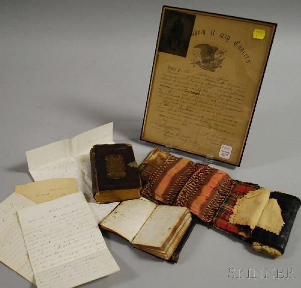 Group of William Hays, Union Civil War Soldier Rel: Group of William Hays, Union Civil War Soldier Related Items, Worcester, member of the Massachusetts 51st Regiment Foot Soldiers, including tintype portrait in uniform, framed discharge, bible, journa