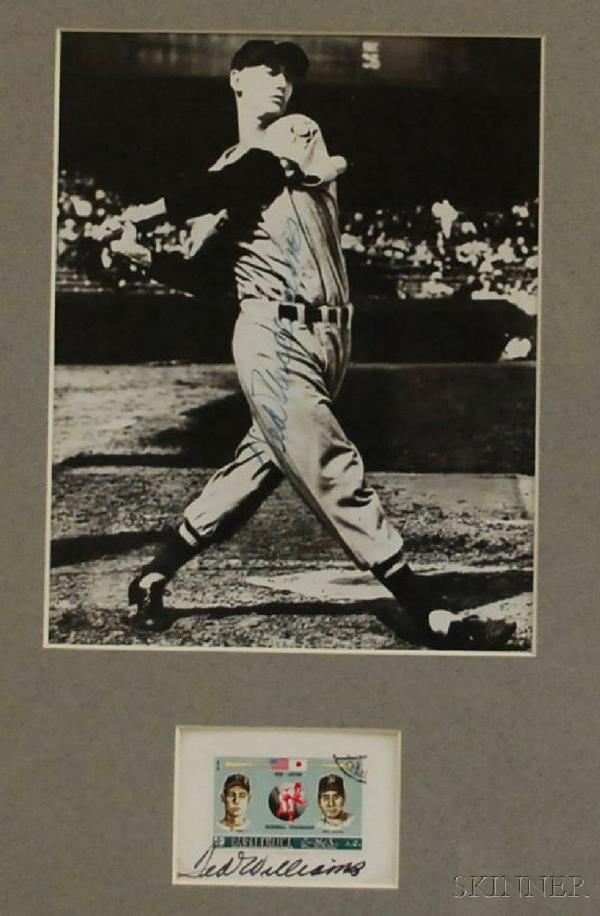 Framed Ted Williams Autographed Photo and Autograp: Framed Ted Williams Autographed Photo and Autographed UAE Commemorative U.S./Japan Baseball Stamp, with PSA letter of authenticity, frame lg. 21 in.