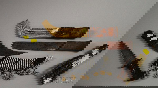 Three Ethnographic Knives, leather, beadwork and s: Three Ethnographic Knives, leather, beadwork and shell, and bone, bone is probably Laplands decorated with reindeer and geometric pattern, etc. lg. to 13 1/2 in.