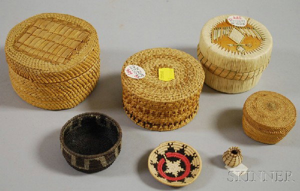 Group of Mostly Native American Baskets, including: Group of Mostly Native American Baskets, including a Woodland quilled birch bark box, two Northwest twined baskets, three Southwest miniature baskets, and one craft basket.
