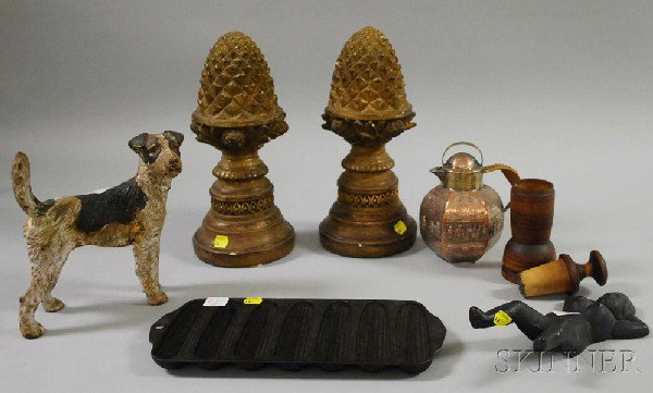Group of Decorative Items, including a cast iron ": Group of Decorative Items, including a cast iron "naughty" doorstop, a dog doorstop, and a cooking mold, an engraved silver-plated pitcher, and other items.