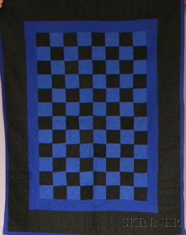 Contemporary Amish Pieced Black and Blue Checked C: Contemporary Amish Pieced Black and Blue Checked Crib Quilt, with chevron, cable, and diamond quilting, 43 x 33 in.