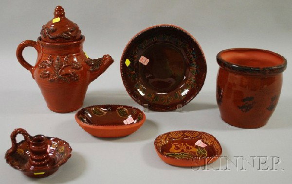 Six Pieces of Foltz Pottery Glazed and Decorated R: Six Pieces of Foltz Pottery Glazed and Decorated Redware, a chamberstick, soap dish, two bowls, a jar, and a jug with cover.