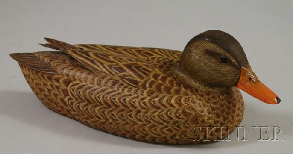 Carved and Painted Mallard Hen Decoy, H.F. Collins: Carved and Painted Mallard Hen Decoy, H.F. Collins, Bucksport, Maine, with inset glass eyes, scratch-carved feather detail, carved wing tips, signed on base, (losses on wing tips), ht. 4 3/4, lg. 13 i