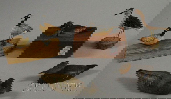 Four Miniature Carved and Painted Wooden Duck, Sho: Four Miniature Carved and Painted Wooden Duck, Shorebird, and Goose Figures, and a Cigarette Box with Duck-mounted Lid, some signed "Howland Parker," "E. Frank Adams," "H. Morgan," and "Richardsons."