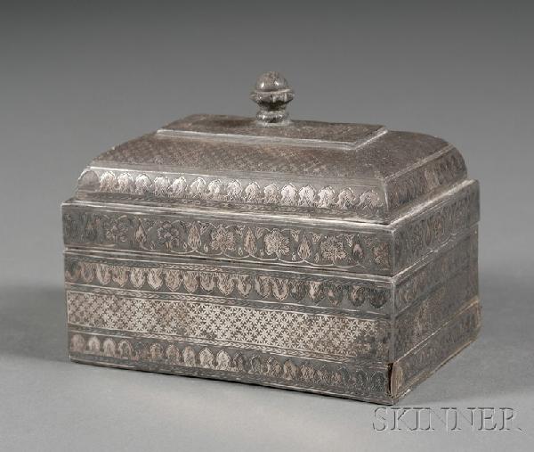 Bidri Box, Hyderabad, India, 19th century, rectang: Bidri Box, Hyderabad, India, 19th century, rectangular coffin form, lotus finial, surface decorated with floral motifs, 5 x 3 1/2 x 4 1/4 in.