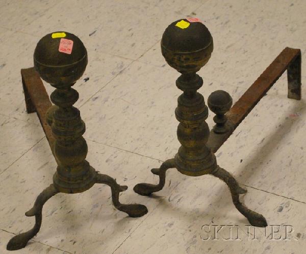 Pair of Brass Belted Ball-top Ring-turned Andirons: Pair of Brass Belted Ball-top Ring-turned Andirons, with seam construction, ht. 14 3/4, lg. 18 in.