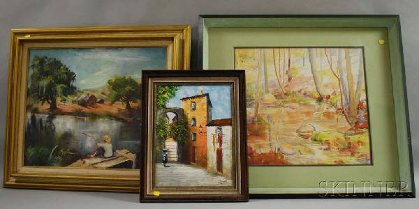 Lot of Three Framed Paintings American School, 20: Lot of Three Framed Paintings American School, 20th Century, Boy Fishing from a Dock, signed "Jo Pannasi" l.r., oil on canvas, 20 x 24 in.; Continental School, Village Street Scene with Figure</