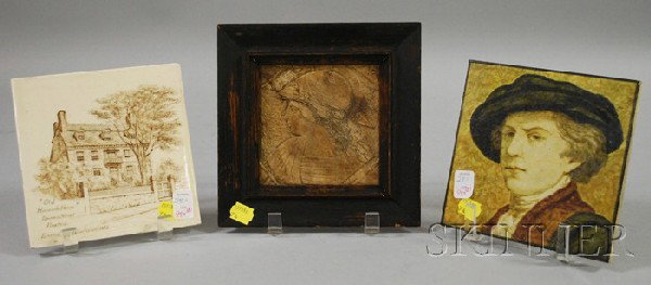 Two Decorated Pottery Tiles and a Framed Carved Ma: Two Decorated Pottery Tiles and a Framed Carved Marble Classical Profile Portrait Plaque, a Mintons transfer "Old Hancock House" tile and a Cottier & Co. Ltd., London, painted portrait tile.