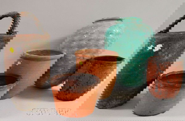 Three Redware Jars, a Green/Blue Glazed Ceramic P: Three Redware Jars, a Green/Blue Glazed Ceramic Pine Cone-form Urn, and a Leather Fire Bucket.