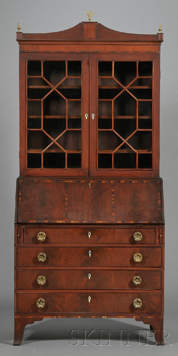Federal Mahogany and Mahogany Veneer Inlaid and Gl: Federal Mahogany and Mahogany Veneer Inlaid and Glazed Desk/Bookcase, possibly southeastern Massachusetts, c. 1790, with rosewood crossbanding, ivory escutcheons, old replaced brass pulls, (some resto