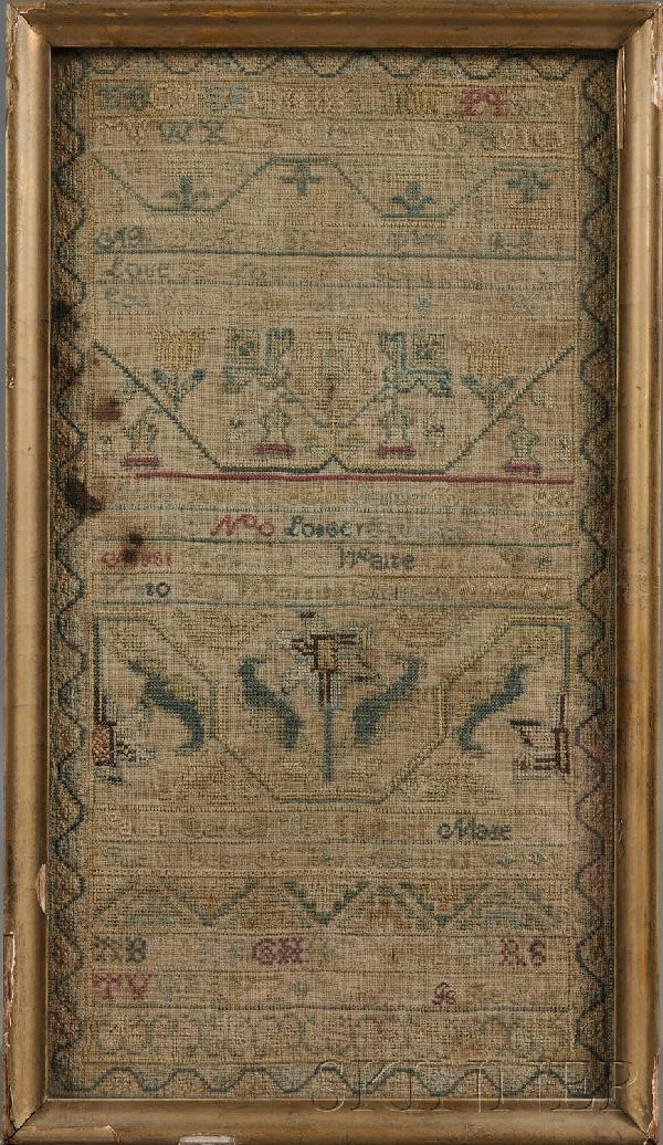 Needlework Band Sampler, "Sarah Barney Her Sampler: Needlework Band Sampler, "Sarah Barney Her Sampler Made In The 11 Year of Her Age 1741," worked in silk threads on a linen ground, with rows of alphabets, geometric flowers and designs, and a verse en