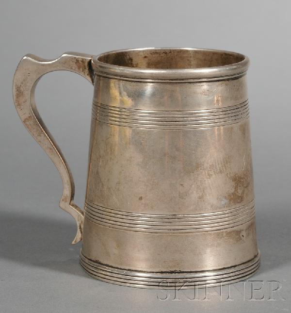 Sterling Silver Presentation Cann, Bigelow, Kennar: Sterling Silver Presentation Cann, Bigelow, Kennard & Company, Boston, c. 1879, the cann with reeded bands around the body and the base, the base engraved "John E. Peabody to his Godchild Richard Lawr