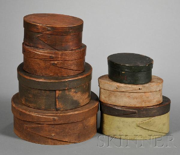 Seven Small Lapped-seam Pantry Boxes, America, ear: Seven Small Lapped-seam Pantry Boxes, America, early to mid-19th century, two round and five oval boxes, five painted, three with impressed or engraved monograms, one with the name "E SPRAGUE" impress