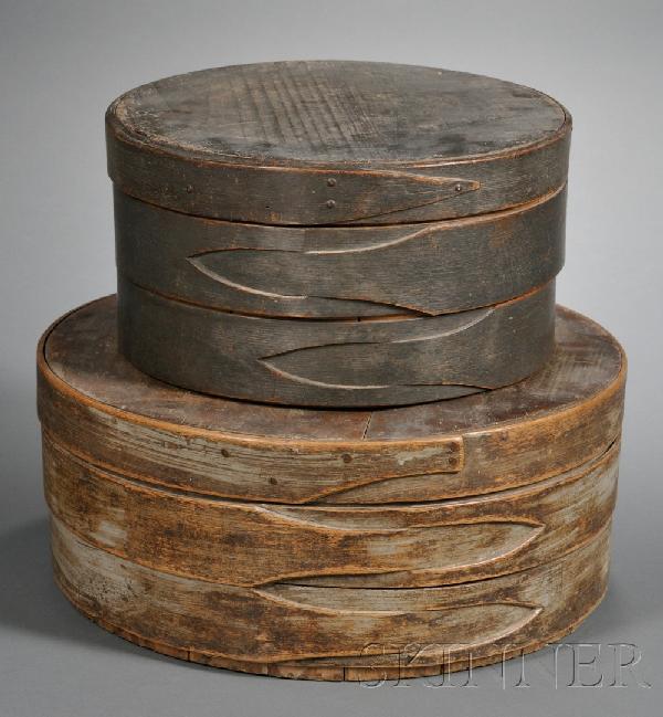 Two Painted Round Covered Pantry Boxes, America, 1: Two Painted Round Covered Pantry Boxes, America, 19th century, stave and lapped band construction, one painted blue, the other gray, (paint wear, bands loose), ht. 6 3/4, 7, dia. 12 3/4, 16 1/4 in., r