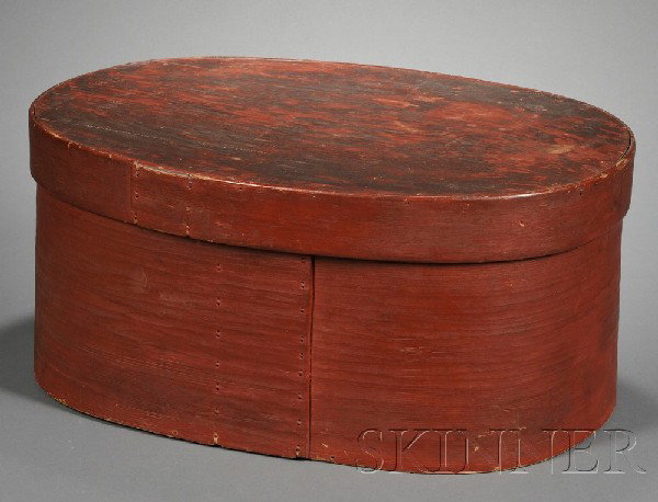 Large Oval Red-painted Lapped-seam Covered Storage: Large Oval Red-painted Lapped-seam Covered Storage Box, attributed to one of the Indian tribes of Maine, 19th century, lapped-seam box fastened with thin strips of splint laced through the seam, ht. 9