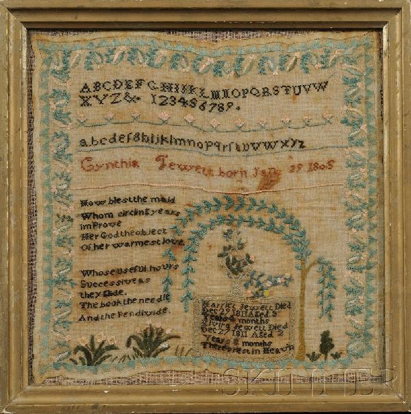 Needlework Memorial Sampler, "Cynthia Jewett born: Needlework Memorial Sampler, "Cynthia Jewett born Jan. 29 1805," Rindge, Cheshire County, New Hampshire, the sampler executed in silk threads on a gauze ground over linen, depicting rows of alphabets,