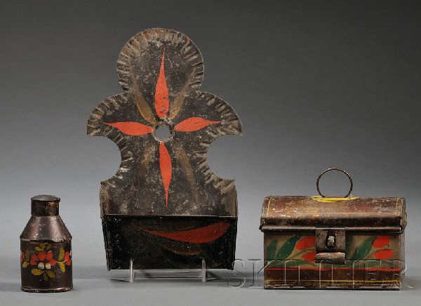 Three Paint-decorated Tinware Items, America, earl: Three Paint-decorated Tinware Items, America, early 19th century, a small dome-top trinket box, the front decorated with red and green flowers painted on a white band, the bottom indistinctly inscribe