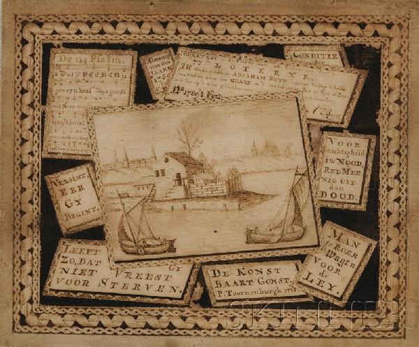 Dutch School, Late 18th Century Montage with Coast: Dutch School, Late 18th Century Montage with Coastal Village Scene, Mottos, Psalm, and Lottery Ticket. Unsigned. Ink on laid paper, 4 1/4 x 5 1/8 in., in a later wood frame. Condition: Toning, minor i