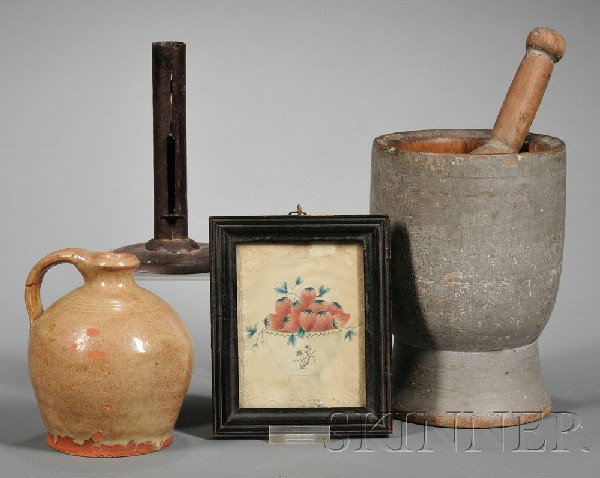 Four Early Articles, America, early 19th century, : Four Early Articles, America, early 19th century, a small redware jug, a gray-painted turned wooden mortar and pestle, a small framed watercolor on paper picture of bowl of strawberries, and a sheet i
