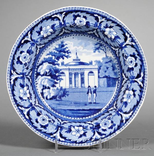 Historical Blue Transfer-decorated Soup Plate, J. : Historical Blue Transfer-decorated Soup Plate, J. & W. Ridgway, England, first half 19th century, showing two gentlemen in top hats standing in front of "STAUGHTON'S CHURCH PHILADELPHIA," with a flora