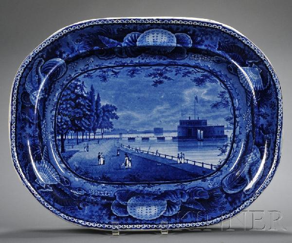 Historical Blue Transfer-decorated Platter, Enoch : Historical Blue Transfer-decorated Platter, Enoch Wood & Sons, Burslem, England, 1819-46, oblong platter depicting "CASTLE GARDEN BATTERY NEW YORK," with seashell border, stamped title and impressed c