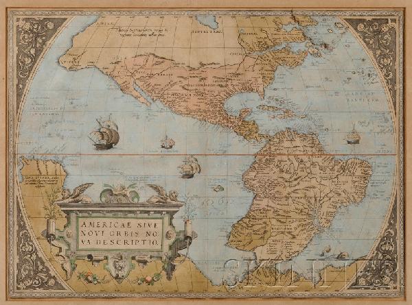 (Maps and Charts, Americas), Ortelius, Abraham (15: (Maps and Charts, Americas), Ortelius, Abraham (1527-1598), Americae sive novi orbis..., from Theatrum Orbis Terrarum, [Antwerp, 1570 or later], hand-colored, sight size 510 x 370 mm, (curved tear at 