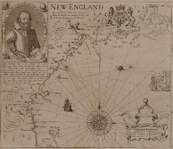 (Maps and Charts, New England), Hulsius, Levinus (: (Maps and Charts, New England), Hulsius, Levinus (1546-1606), after Smith, John, Captain (1580-1631), New England, Frankfurt, c. 1617 or later, unframed, 350 x 305 mm., (light folds, light offset). No