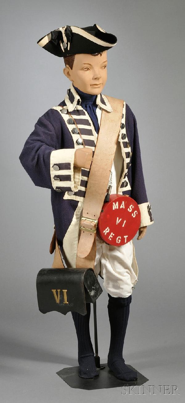 Boy's Reproduction Massachusetts VI Regiment Unifo: Boy's Reproduction Massachusetts VI Regiment Uniform and Accessories, probably for the 1975-76 Bicentennial, hand stitched, Navy Blue wool, silk lined military jacket with white wool lapels and coat f
